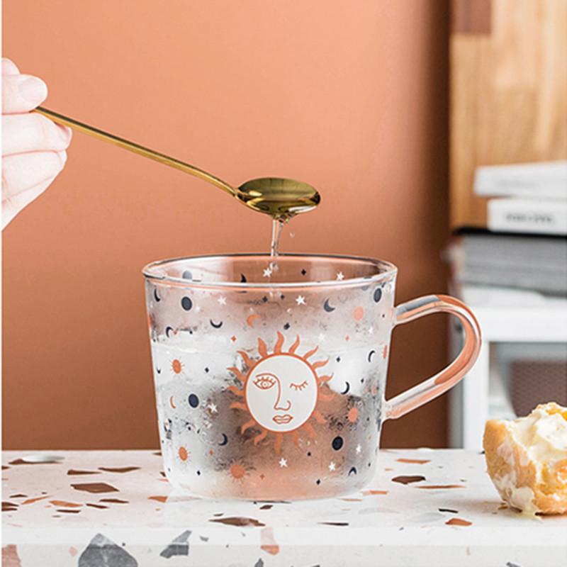 500ml Sun Eye Pattern Glass Mug with Scale Creative Breakfast Coffee Milk Cup Household Couple Water Drinkware Fun Gift