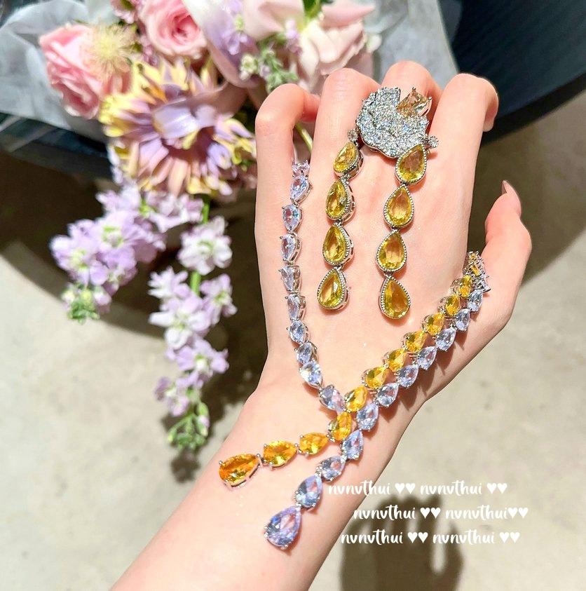 Canary Tourmaline Teardrop Jewel Y Necklace, Cinderella Plated 18K Gold, Twilight Yellow Water Drop Zircon Earrings