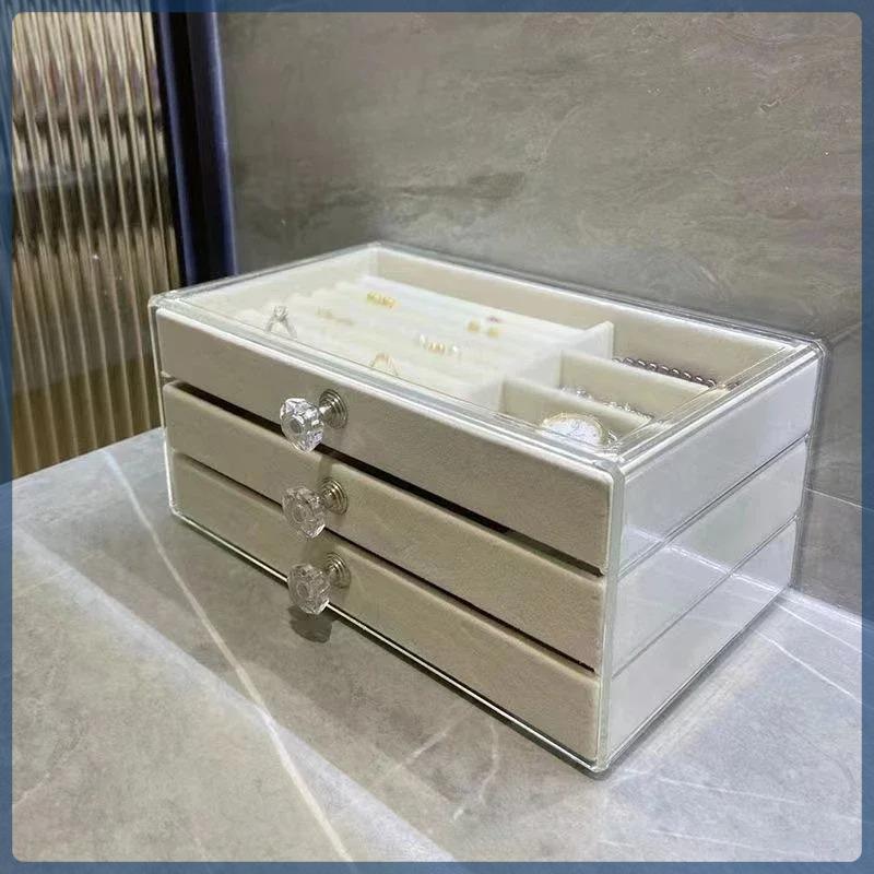 Three-drawer large capacity velvet earrings bracelet ring jewelry organizer dust oxidation jewelry box desktop models