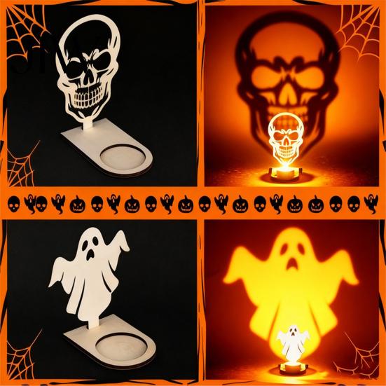Halloween Theme Light Wooden Candle Holder Ornaments, Decorative Cat/Pumpkin/ Ghost/Skull Projection Shadow Projector Stand, Creative Tabletop