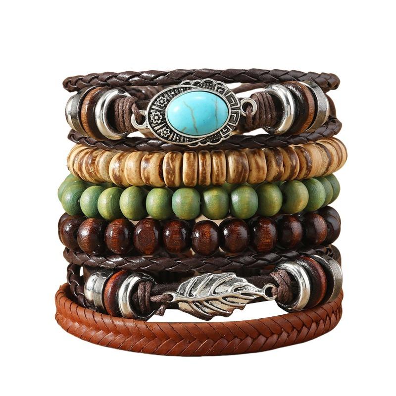Sommer neues heiß verkaufendes literarisches und retro türkisfarbenes Blätter Holzperlen Perlen personalisiertes handgewebtes Lederarmband