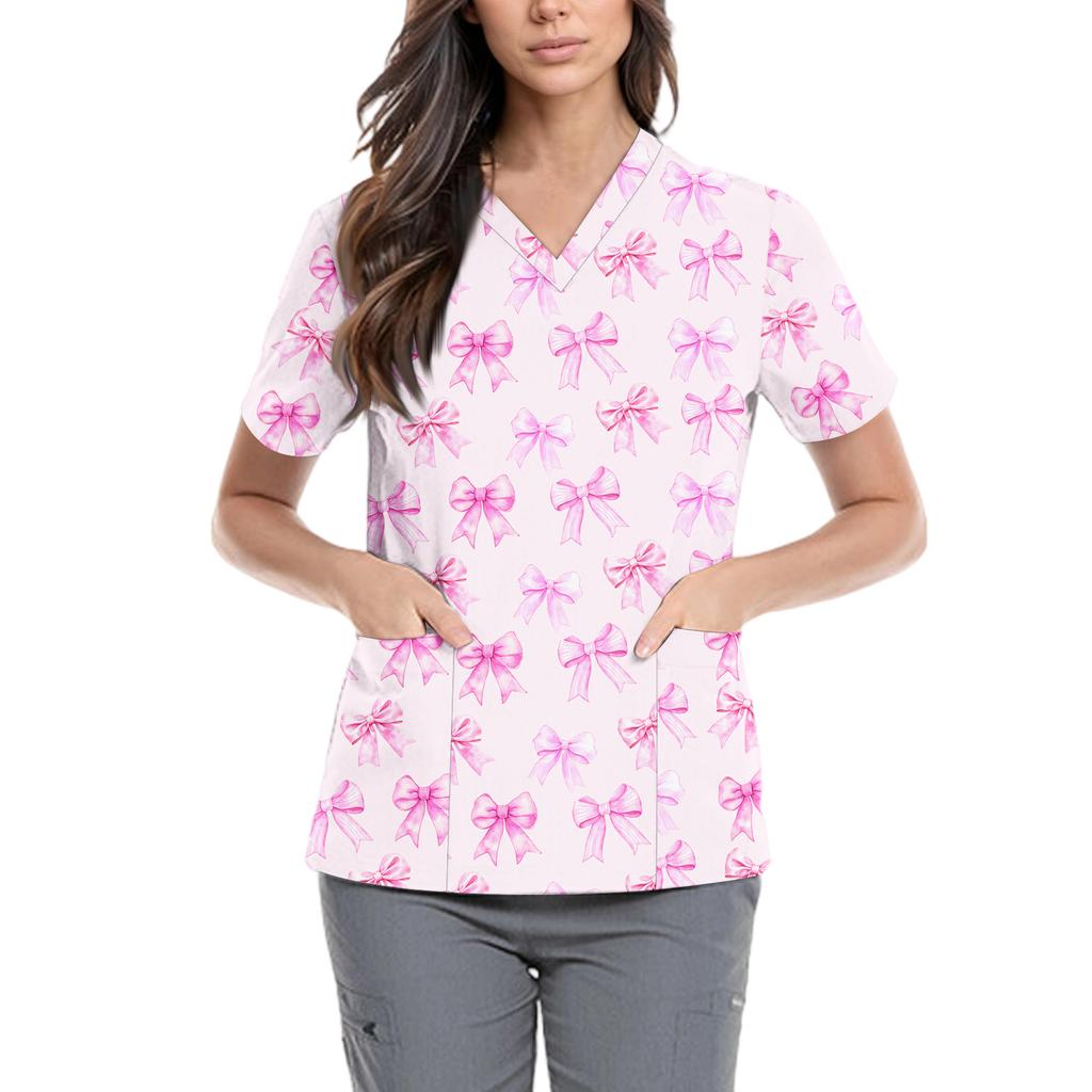 Women's Cute Bow Printed Work Clothes V-neck Double Layer Pockets Basic Short Sleeve Top Pullover