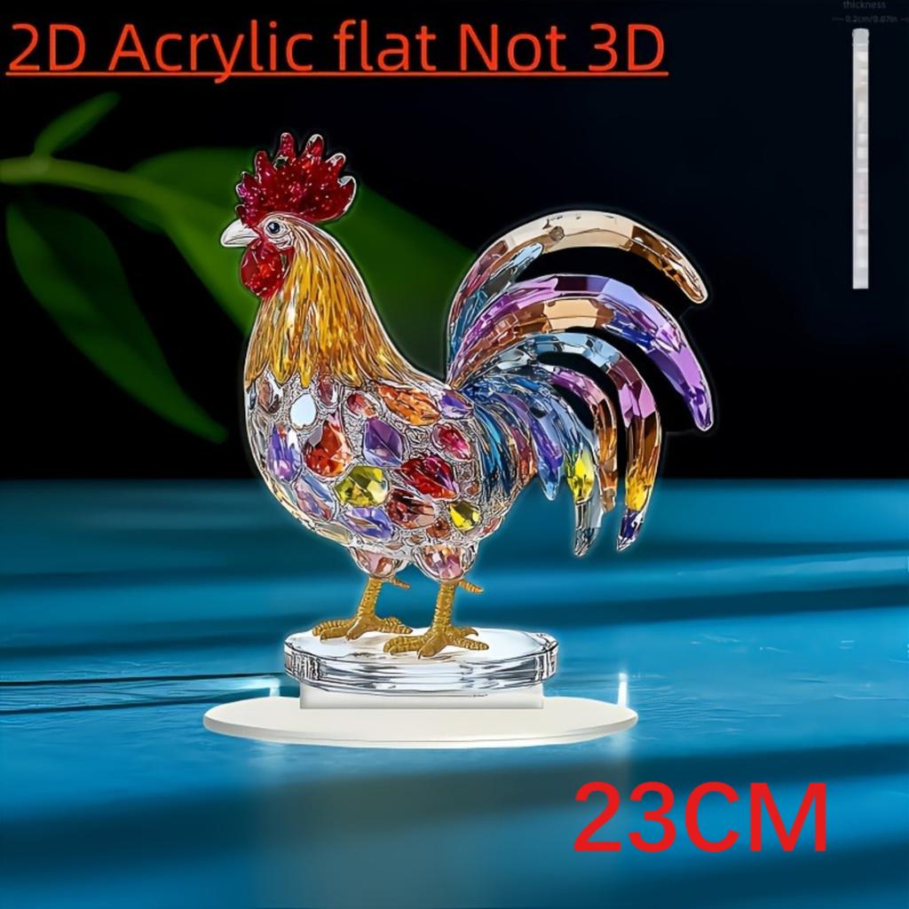 Flat colorful acrylic 2d rooster desktop ornament - 2d printed crystal rooster statue, suitable for living room, home office and modern home