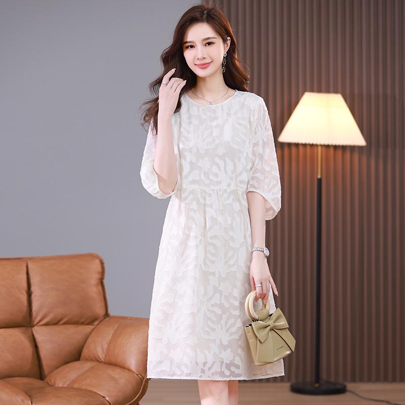 Summer Plus-Size Chiffon Puff Sleeve Lace Dress - High-End 2025 Collection