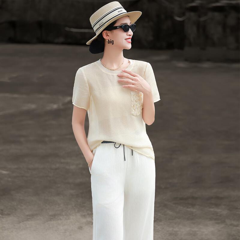 Lanseer Mulberry Silk Pleated Round Neck Blouse M