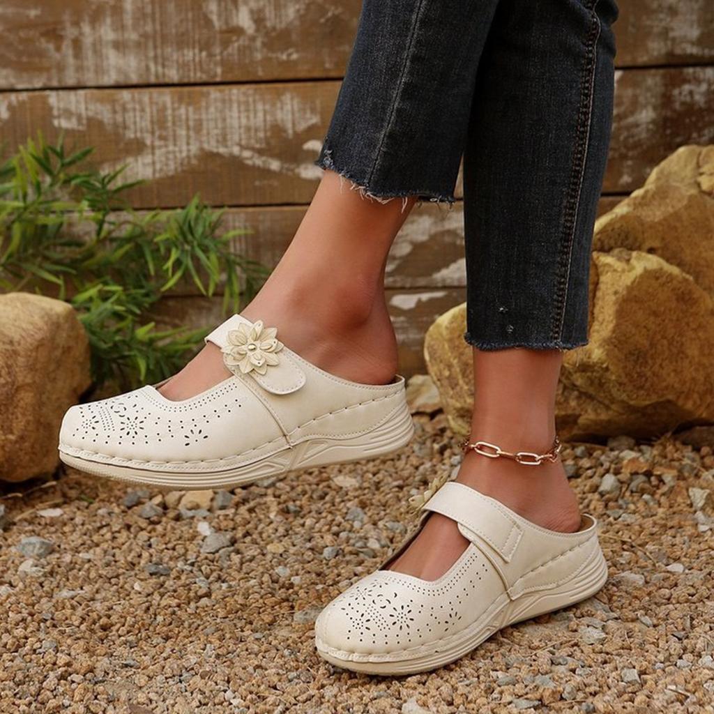 Women Casual Slip On Sandals Breathable Cutout Design Comfortable Flat Shoes with Adjustable Strap and Decorative Flower Accent