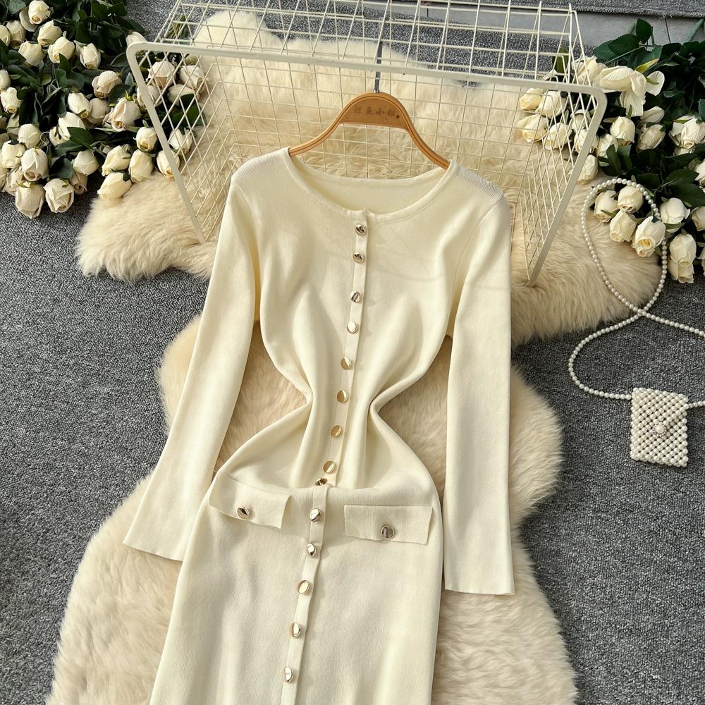 Autumn Winter Women Casual O-neck Full Sleeve Knitted Sweater Long Midi Pullover Dresses