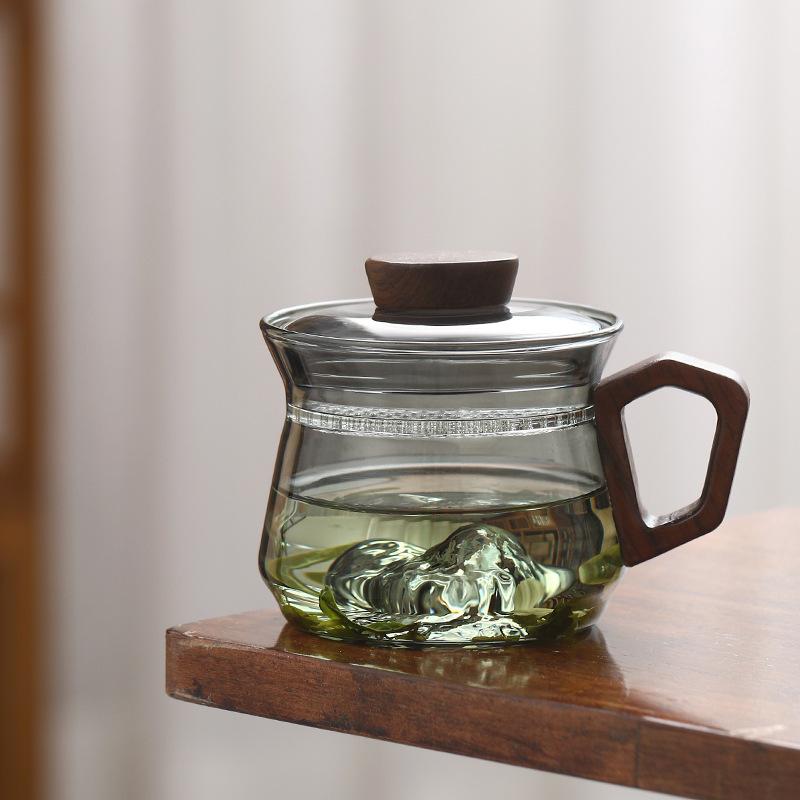 230ml Wooden Handle Heated Resistance Glass Tea Cup with Crescent Filter Office Teacup Brewing Puer Oolong Tea Mug