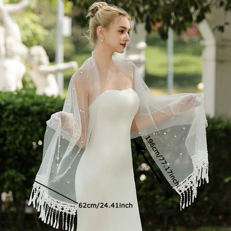 

WTEMPO Women s Lightweight White Tassle Mesh Scarf with Pearls Elegant Lace Patchwork Sunscreen Long Scarf Shawl for Wedding Brides In Spring/Summer 1pc белый