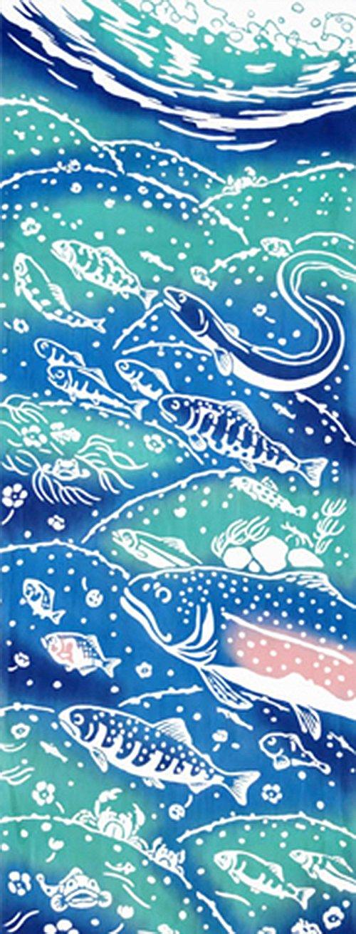 

Тенугуй ручної роботи Чусен, виготовлений з малюнком річкової риби, техніка Ніва-дзоме (Японський рушник) - фарбування, 100% бавовна, Японія,