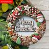 Merry Christmas Wooden Sign with Gingerbread Man & Santa Claus Pattern - Navidad Round Sign for Fornt Door, Wall Decor - Ideal Christmas Decoration