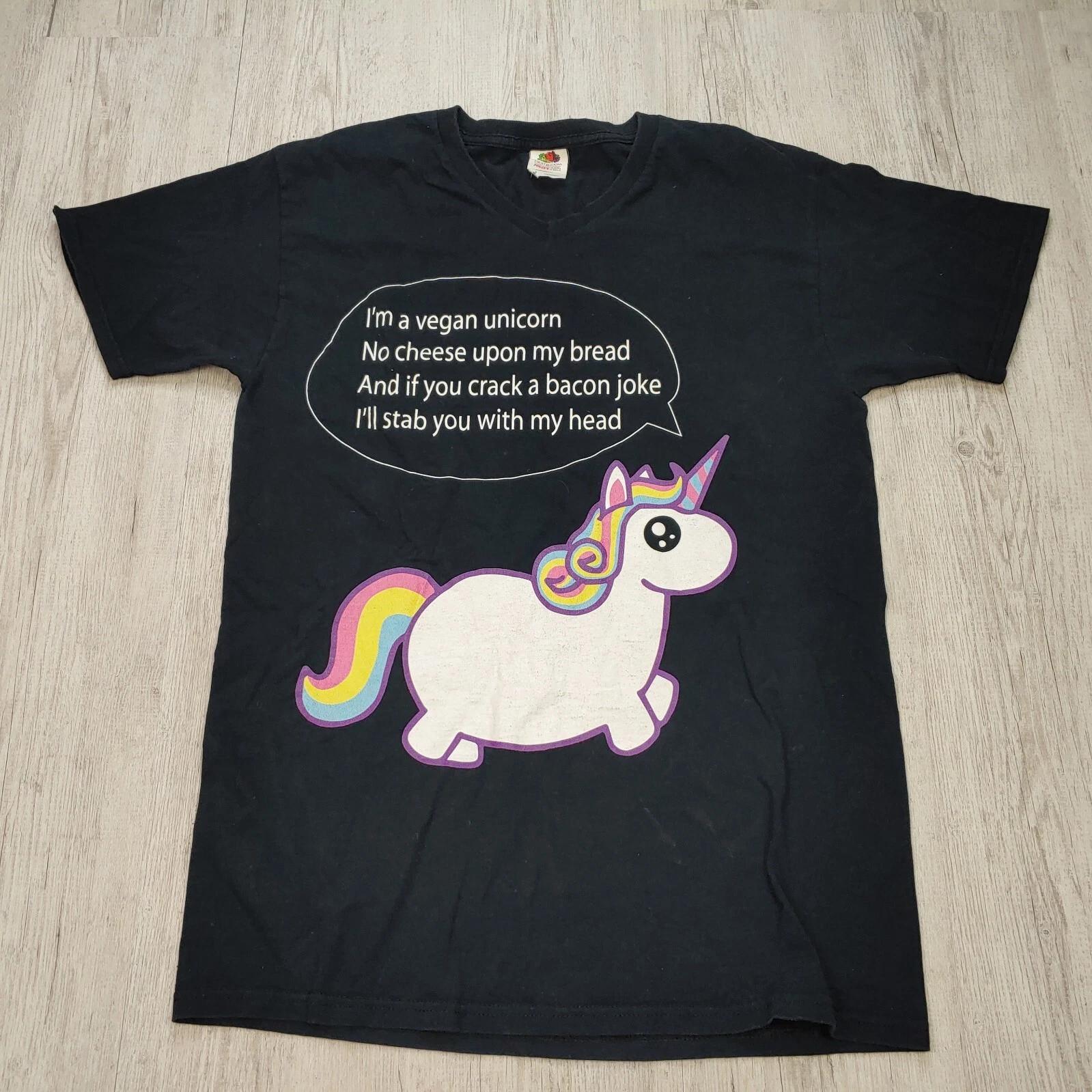 Fruit of The Loom Vegan Unicorn Graphic 100% Cotton T-shirt Mens Tees Top Women’s Size M Black Cotton 4XL
