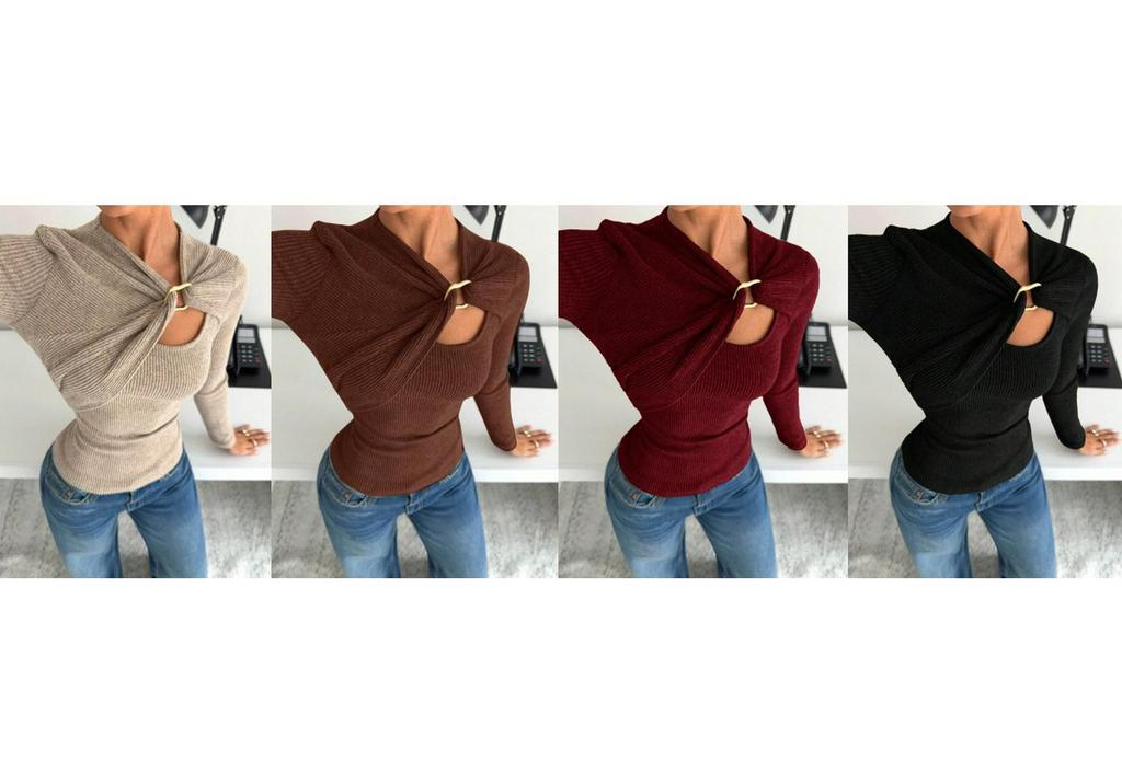 European-American Soft Asymmetrical Long Sleeve T-shirt with Hollow Metal Buckle for Women - Spring/Summer