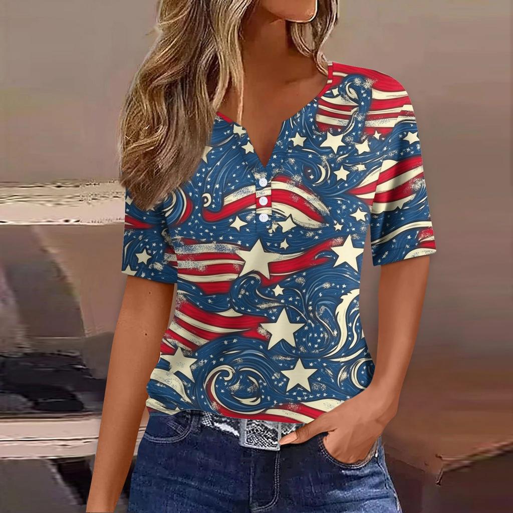 Women's Fashion Casual Independence Day Print V-neck Short Sleeve Decorated Button T-shirt Top