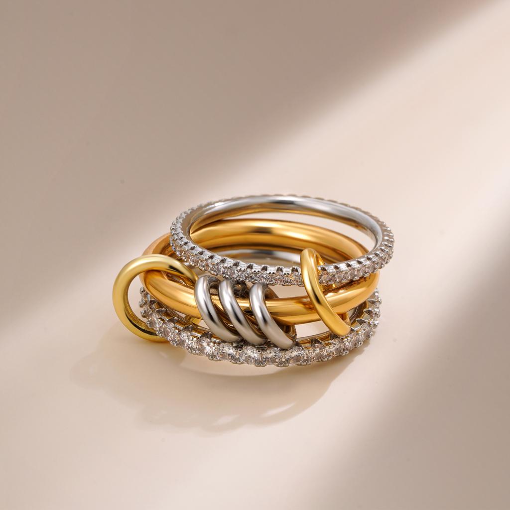 Luxury Gold Plated Cubic Zirconia Multilayer Rings Set for Women Mixed Color Stackable Finger Jewelry