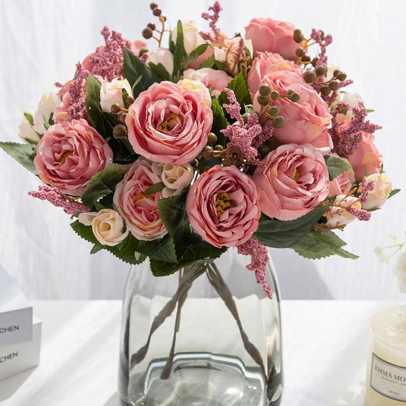 5-Petal Autumn-Colored Peony Artificial Flower Bride Bouquet Wedding Living Room Table Decoration For Vase Home Diy Fake Plants