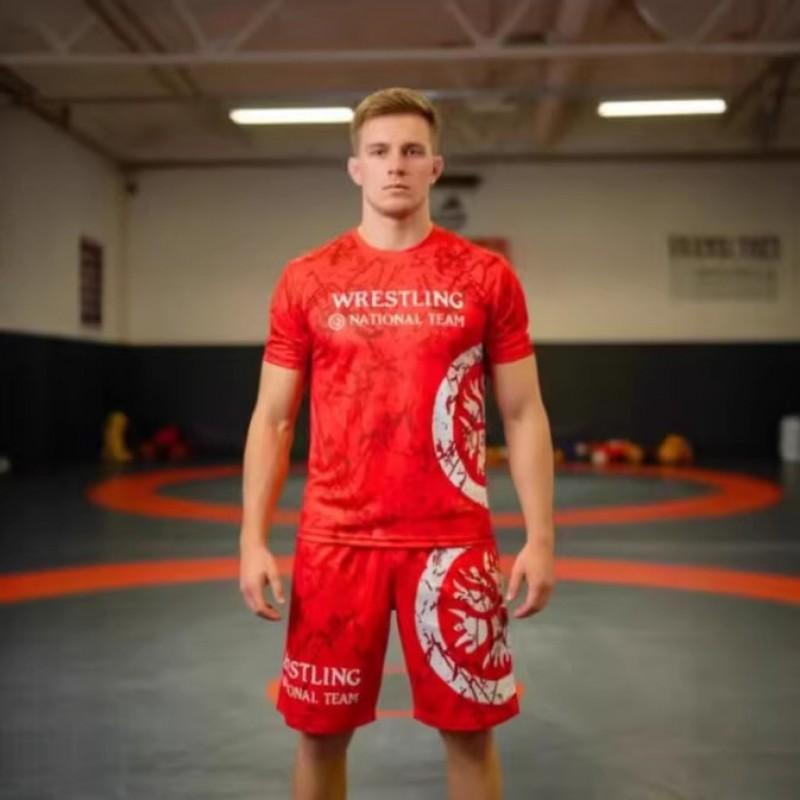 Mens Breathable 3D Printed Wrestling Martial Arts Training Set Short Sleeve T-Shirt Shorts