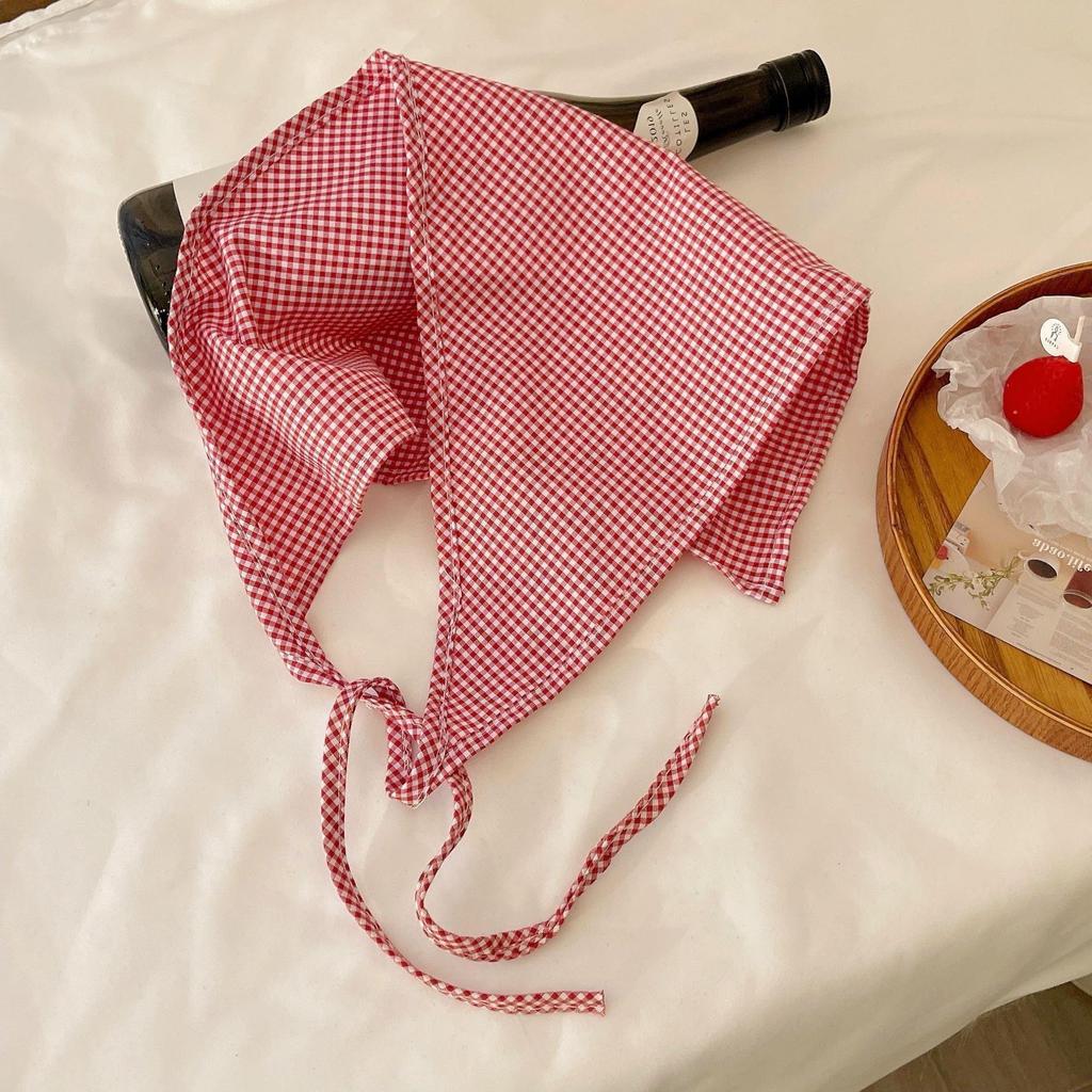 2025 Pastoral Style Lace Triangle Scarf & Plaid Ribbon Hairband