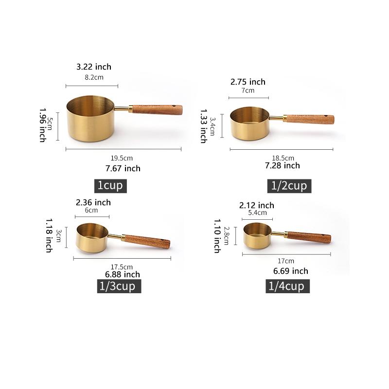 4 Stück/8 Stück Messbecher und Messlöffel mit Holzgriff, Edelstahl, Goldfarbenes Messlöffel- und Messbecher-Set