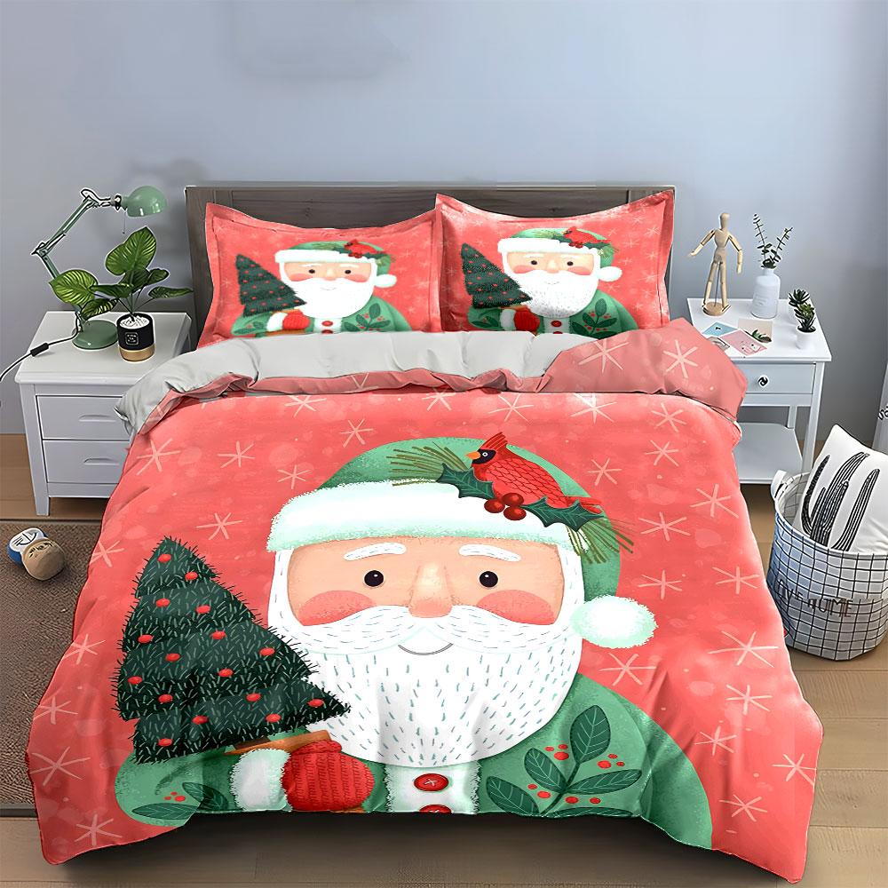 Santa with Tree and Cardinal Bedding Duvet Cover Set Duvet Cover Pillowcases (1*Duvet Cover 2*Pillowcases, Without Duvet Insert)