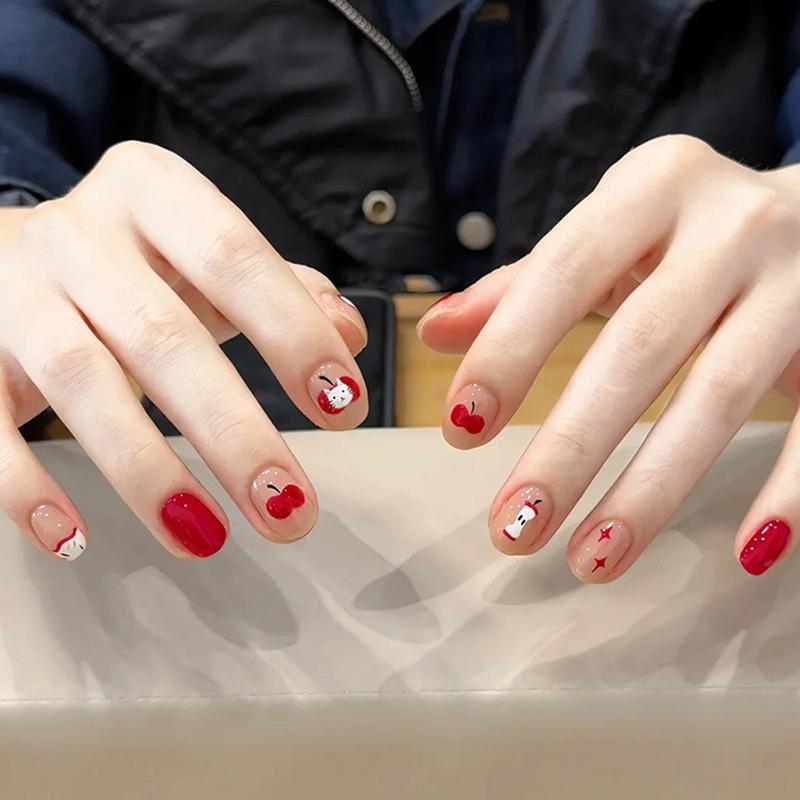 

24Pcs Press On Nails Apple Cat Pattern Fake Nails Glossy Artificial Finger Manicure Reusable False Nails For Women