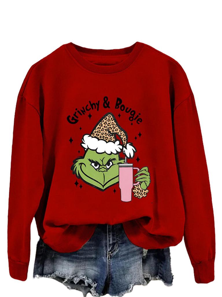 Women's Fashionable Leopard Print Christmas Sweatshirt with Grinchy Hat Design