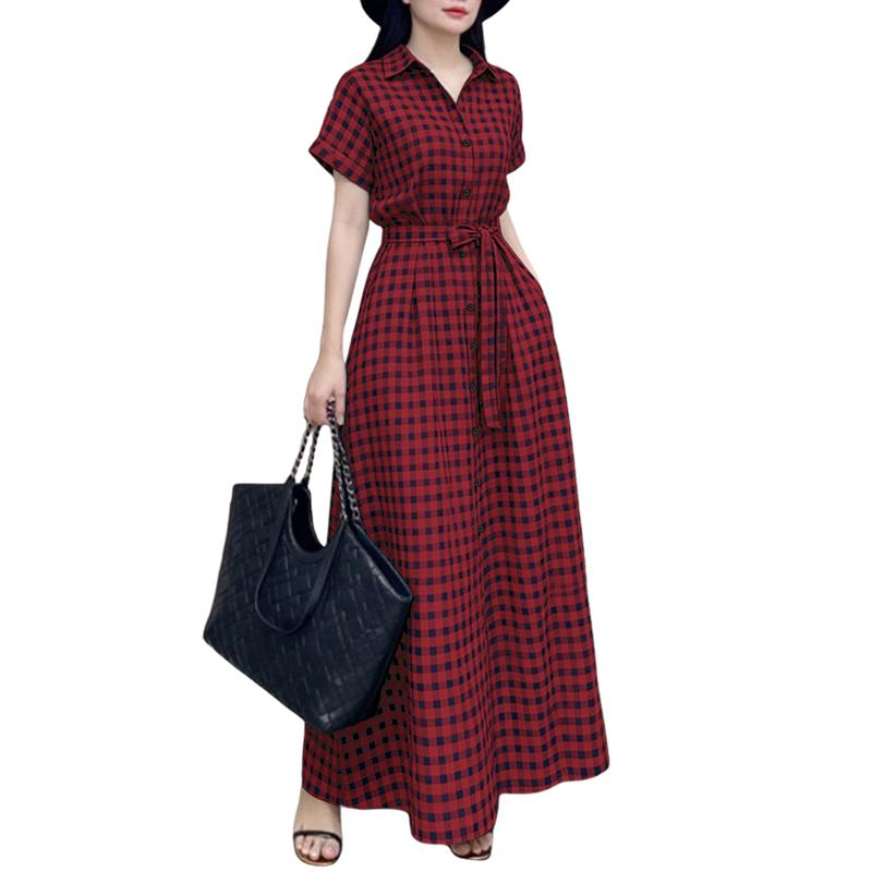 

ZANZEA Женское платье с отложным воротником, повседневное, с коротким рукавом, в клетку 3XL красный