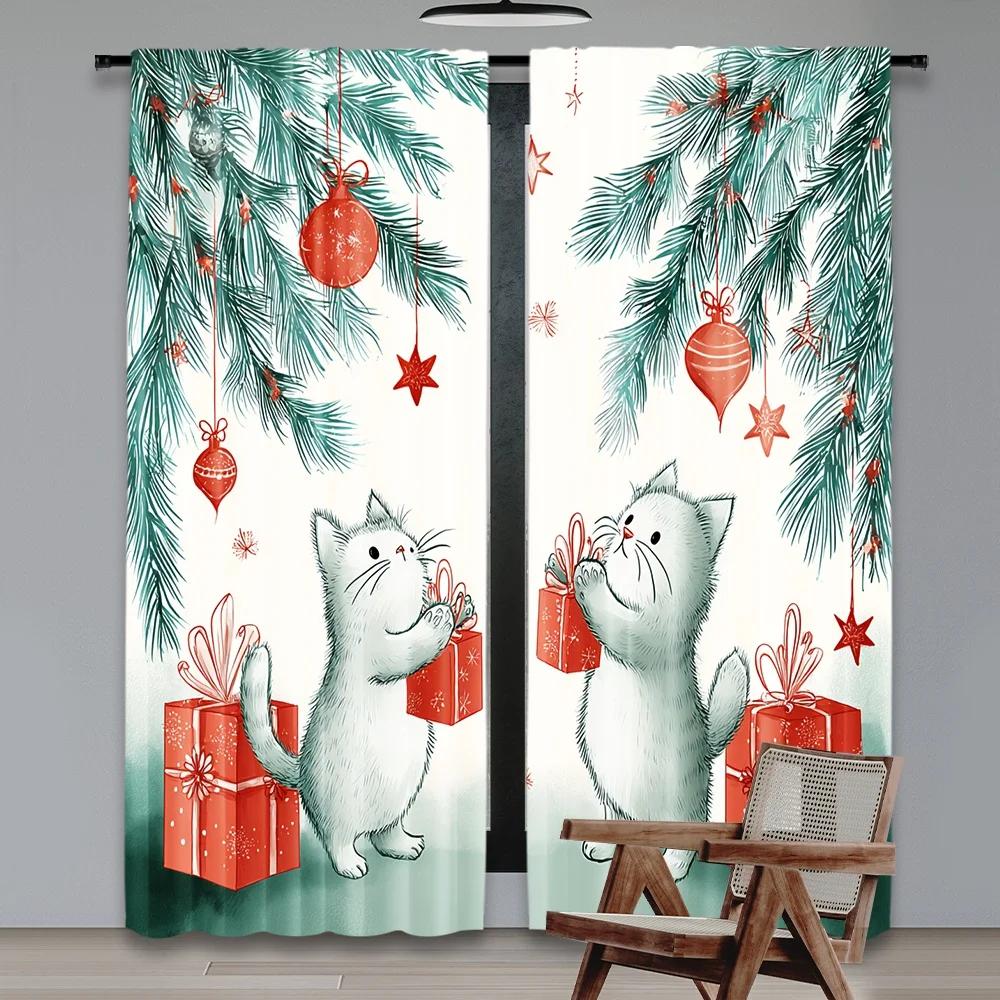 Set Of 2 Flat Printing Scene Curtain Christmas Playful Cats Digital Printed Polyester Drapes Birthday Party Holiday Portraits