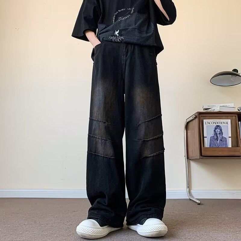 Men's Loose Fit Black Wide-Leg Jeans, Trendy Pleated Flared Casual Pants