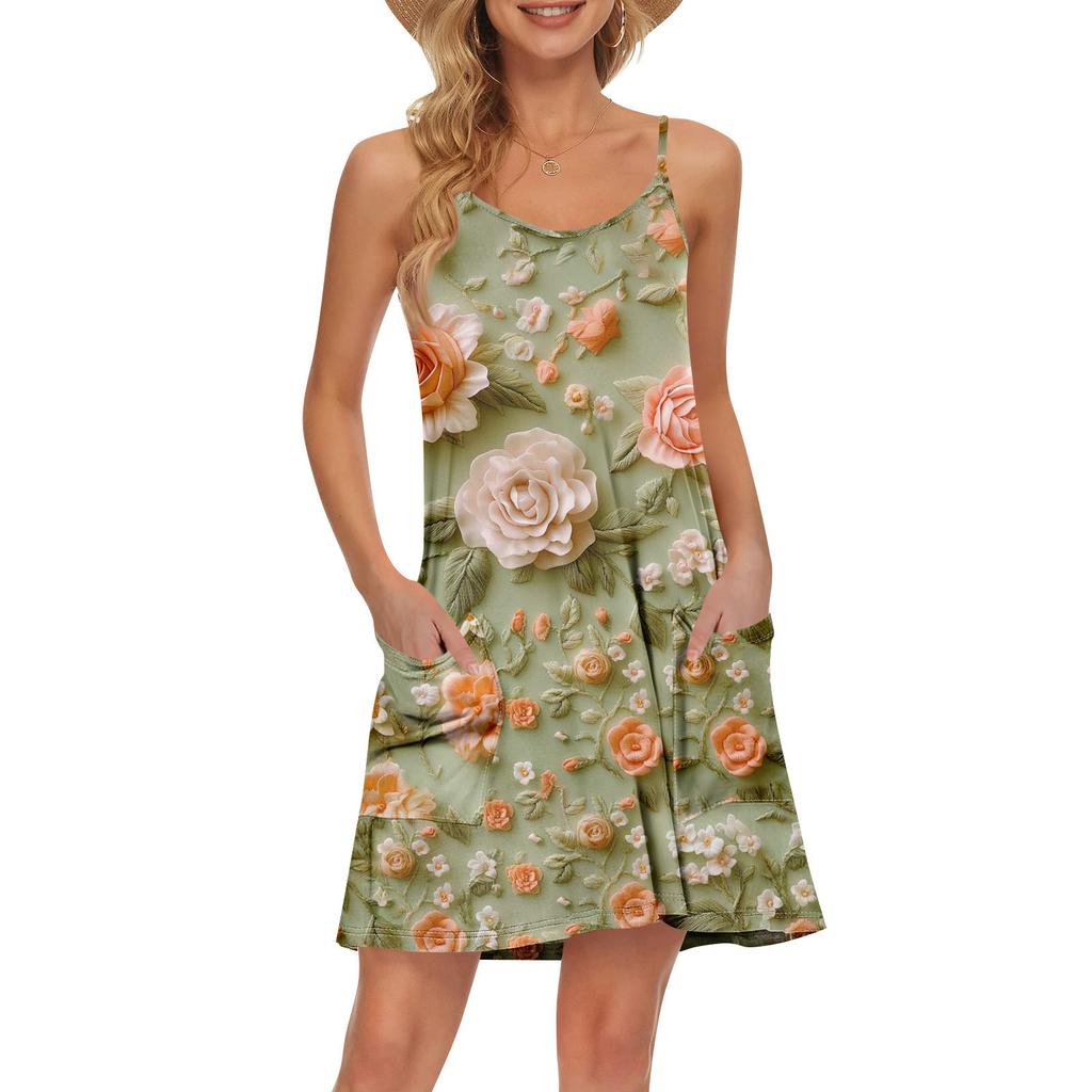 Dame Sommer Casual Stropper Solkjole Med Lommer Kort Strandferie Tankkjoler