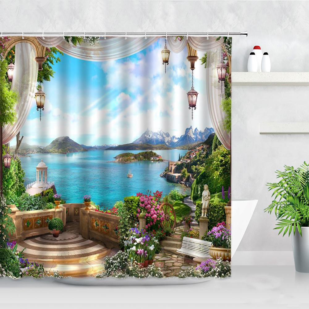 Fleurs Rouges Porte Grecque Bleue Avec Vue Sur Mer Sur Île Rideaux de Douche Tissu Imperméable Ensemble de Rideaux de Salle de Bain Décoration de Baignoire pour la Maison