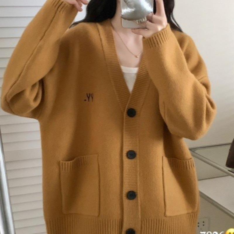 

Повсякденна велика версія вишитого в язаного светра Осінь та Зима Лінивий вітер Вільний Ретро V-подібний виріз Кардиган Куртка Жіноча One Size жовтий