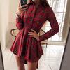 Factory Direct Sales of European and American Women's Clothing Explosion, Plaid Long-sleeved Lapel Single-breasted Shirt Irregular Dress