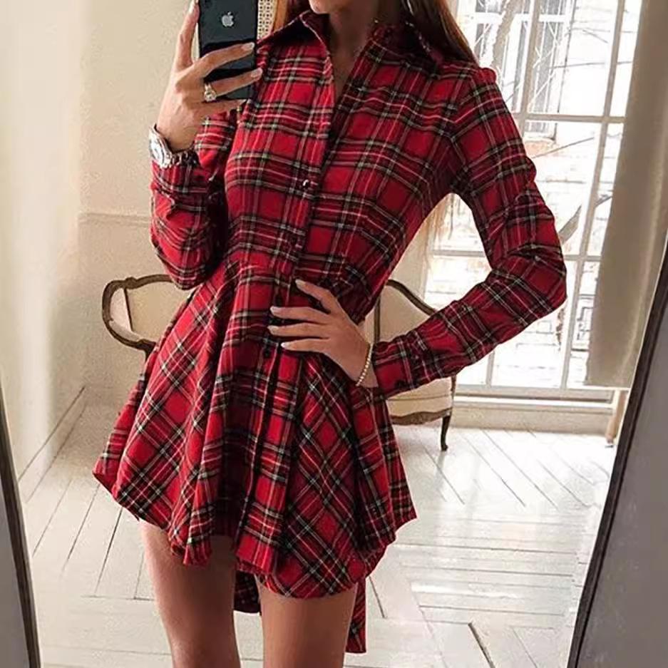 Factory Direct Sales of European and American Women's Clothing Explosion, Plaid Long-sleeved Lapel Single-breasted Shirt Irregular Dress