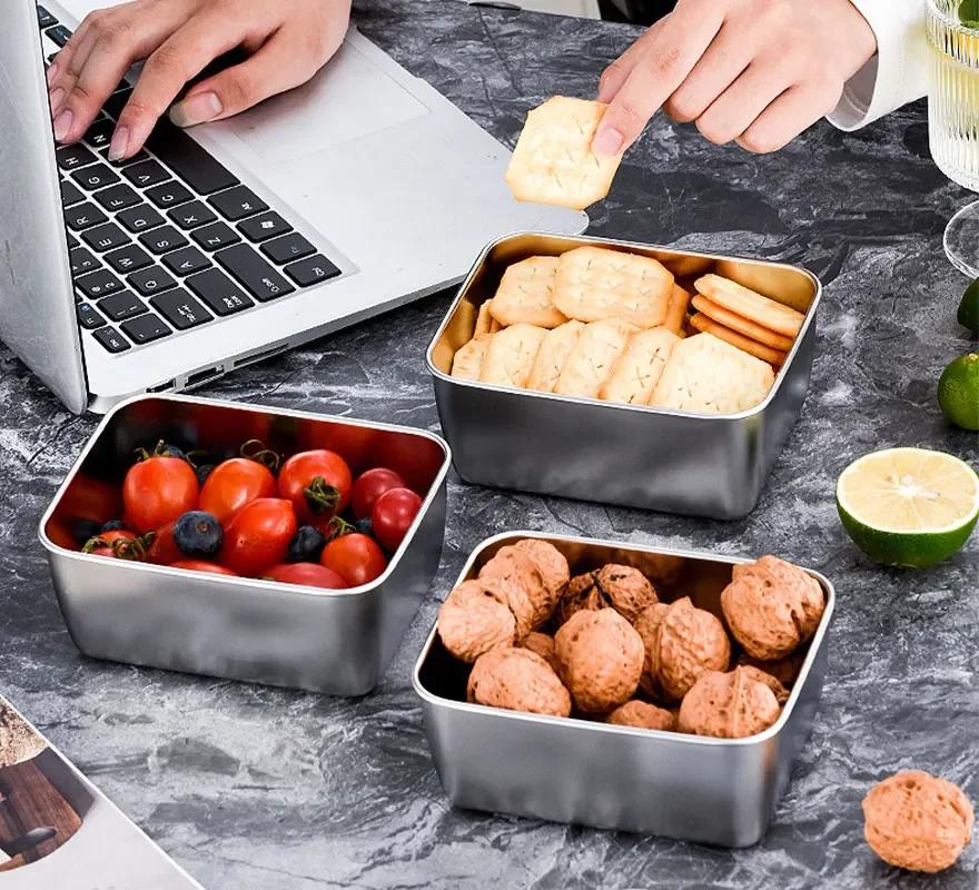 Thickened Stainless Steel Fresh-keeping Box Rectangular Square Plate Buffet Deepened Tray Fast Food Dish with Covered Square Box