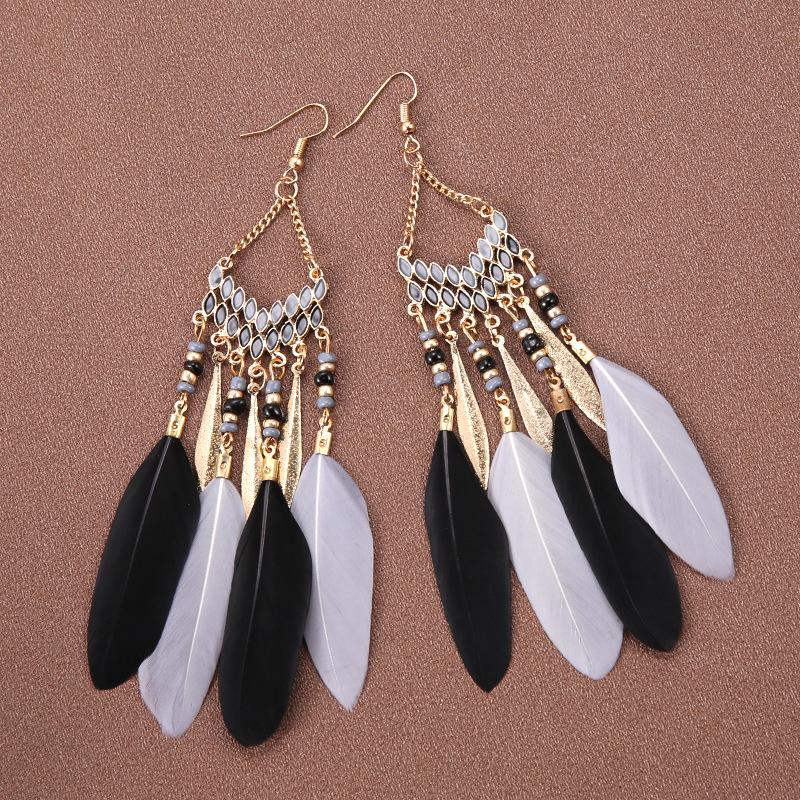 Bohemian Feather Earrings for Women, Face-Slimming Ethnic Style, Long Travel & Holiday Accessory