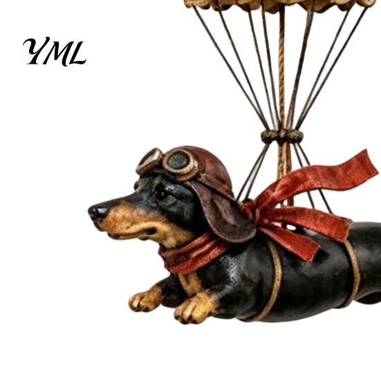 Retro Resin Dog Decoration Flying Dachshund Hot Air Balloon Hanging Ornament, Vintage Wall Hanger, Whimsical Art for Lovers Decor Porch Door
