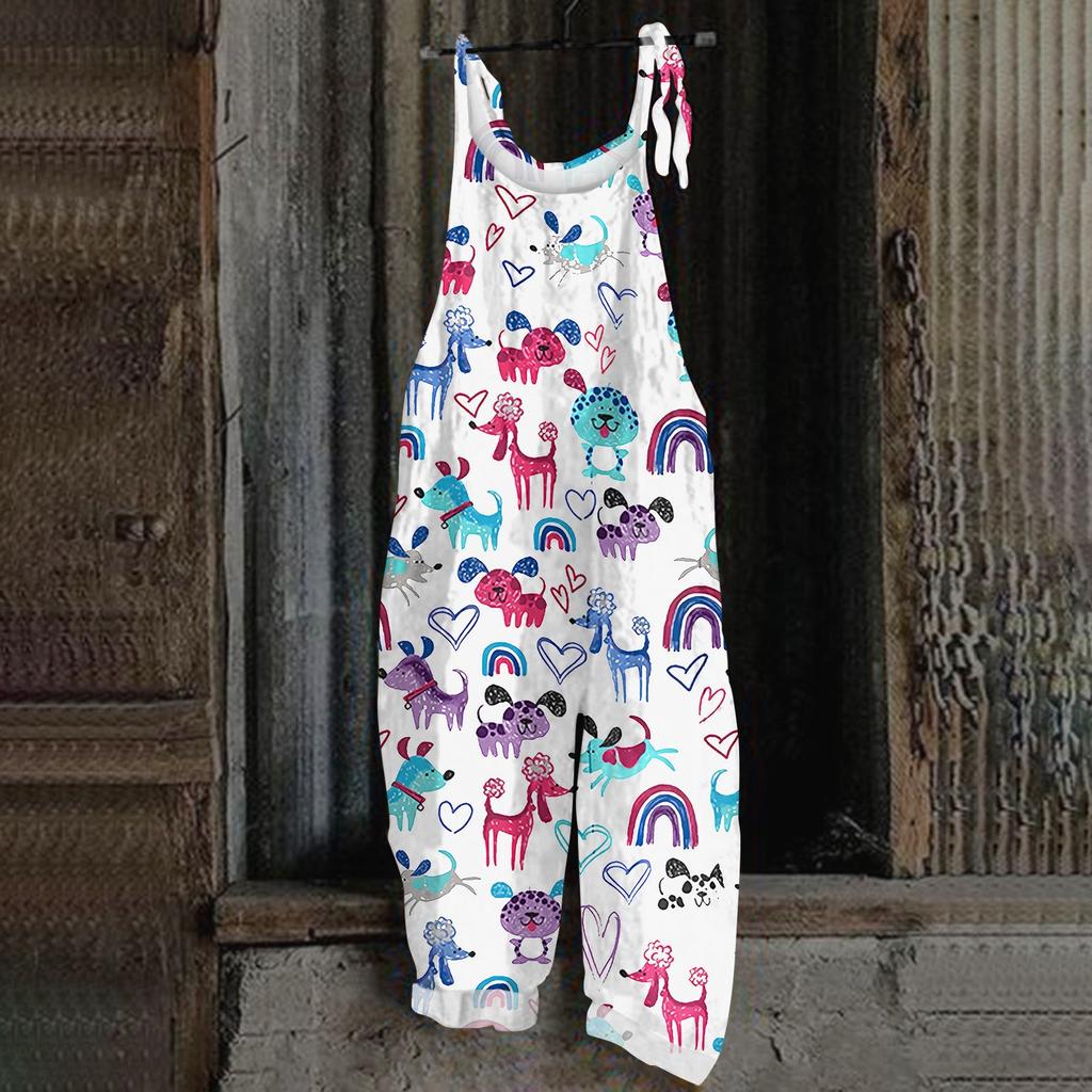Women's Jumpsuit Christmas Print  Casual Loose Vintage Shoulder Strap Cotton Linen