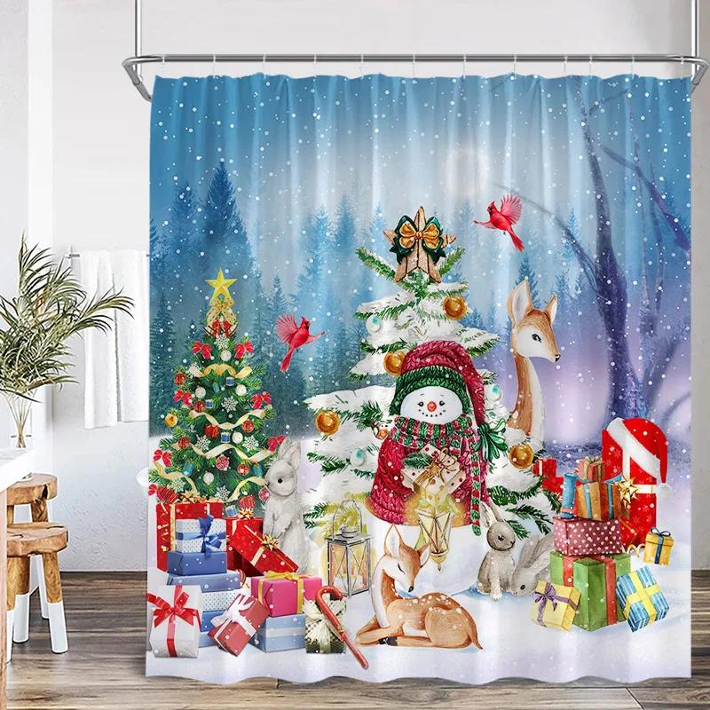 Red Santa Claus Shower Curtains Green Pine Bough Xmas Balls Snowflake Christmas Bath Curtain Set Home Bathroom Decor With Hooks