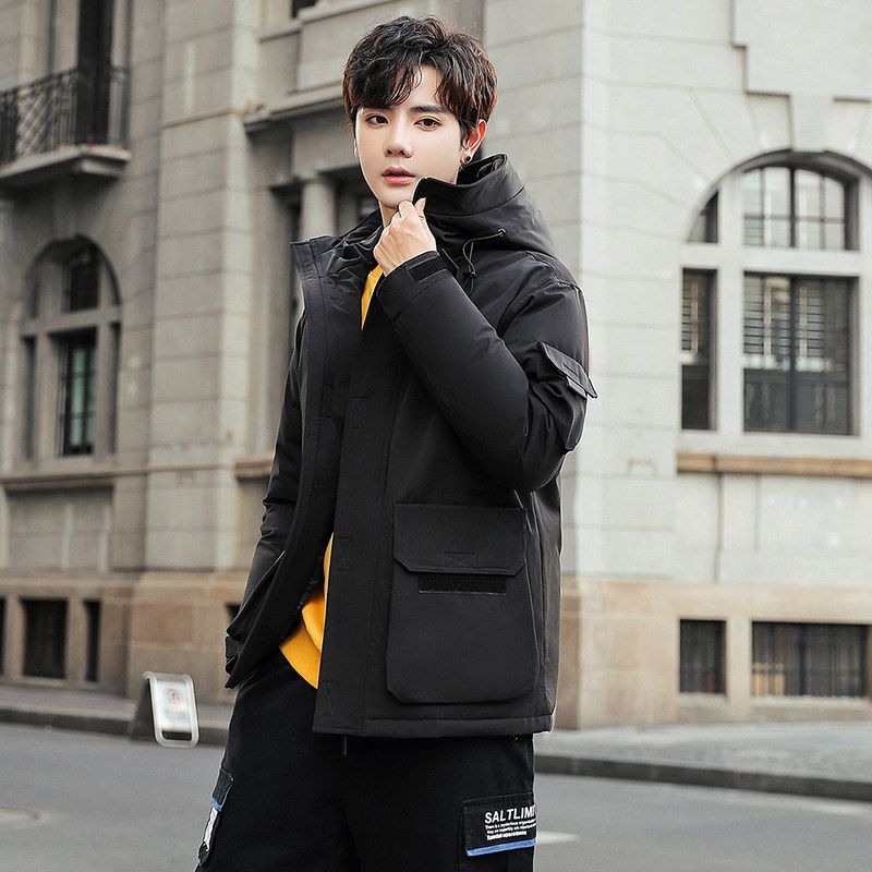 Зимняя Новая Утепленная Парка с Капюшоном для Мужчин, Универсальная Повседневная Свободная Парка-Пальто с Белым Утиным Пухом Black XL
