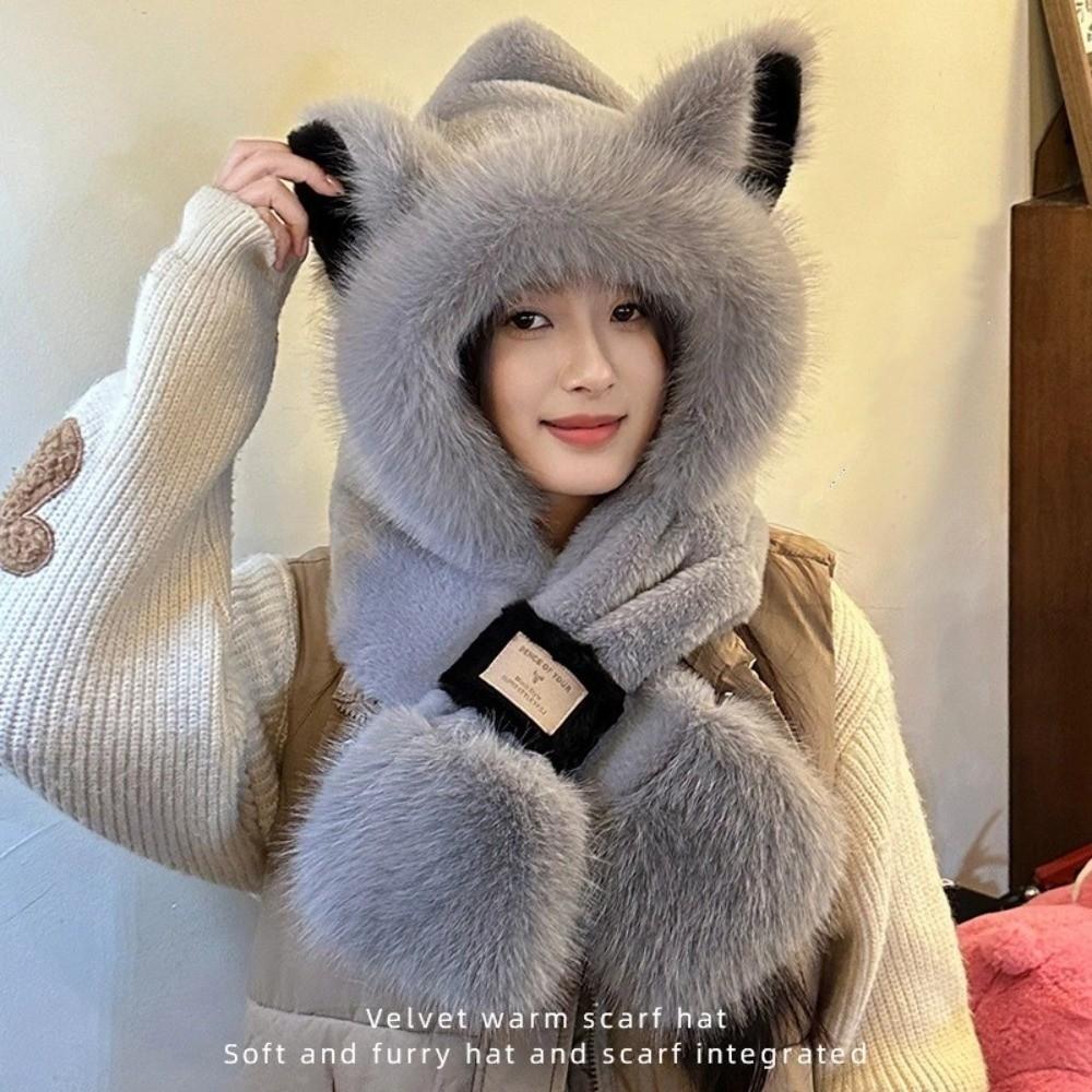 Two-Piece Set Plush Bear Hat Scarf Thickened Neck Warmer Hat Cute Ear Protection Hooded  Winter