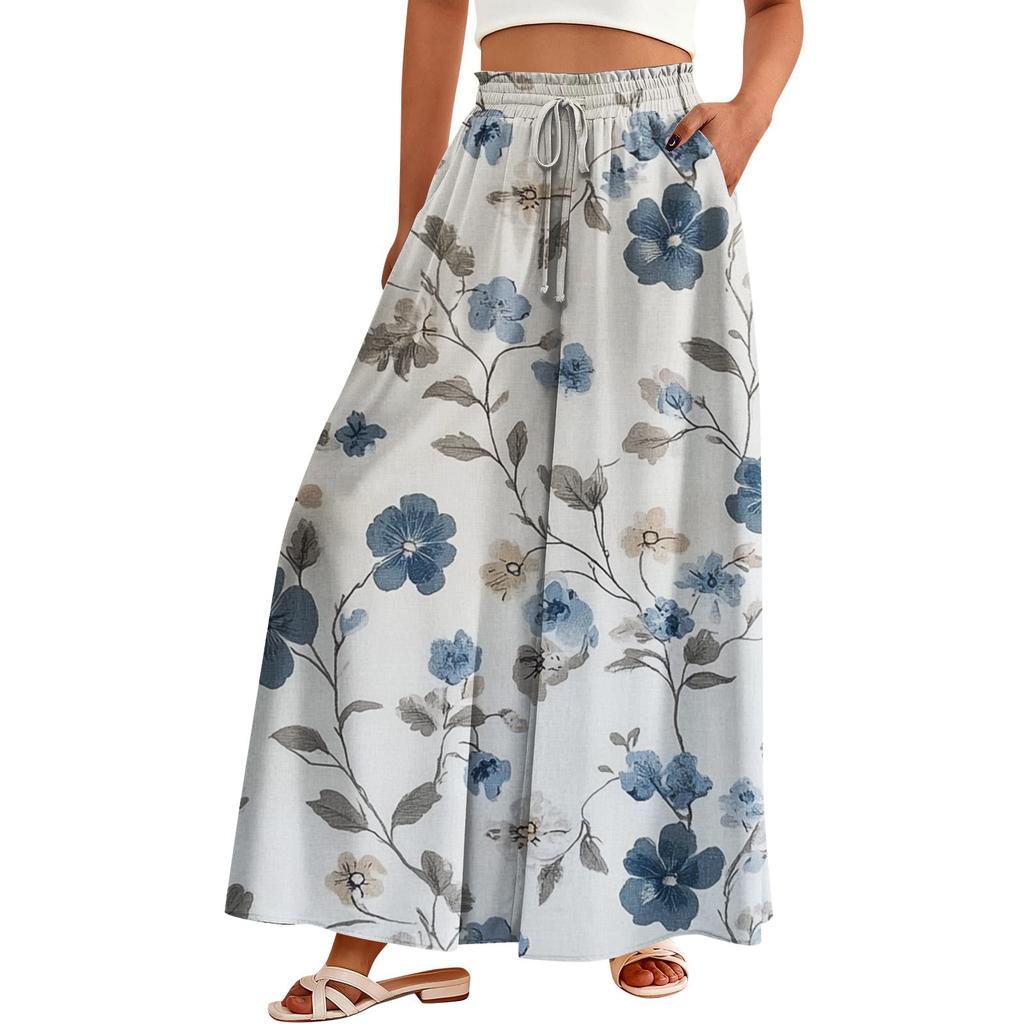 Women's Palazzo Pants Boho Floral Wide Leg Trousers Summer Beach High Waisted Flowy Pants With Pockets