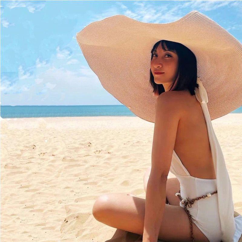 Ladies Beach Hat Fashion Large Wide Brim Sun Hat Roll Up Foldable Summer Beach Hat Big Eaves Sun Protection