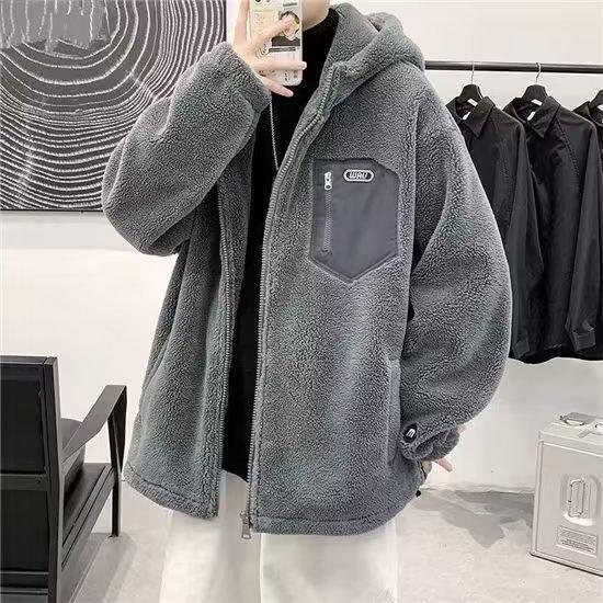 Unisex Trendy Hooded Lambskin Jacket with Plus Velvet for Autumn/Winter - Casual Warmth for Couples