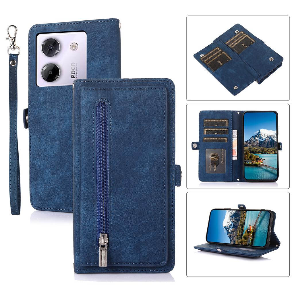 For Xiaomi Poco M7 Pro 5G Etui Glidelåslomme 9 Kortlommer PU Lær Telefondeksel med Håndleddsstropp