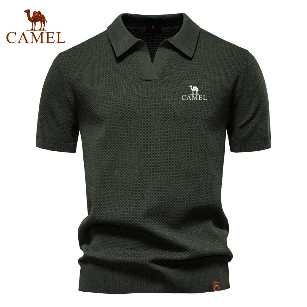 Camel Summer Embroidery Large Pineapple Pattern Woolen Polo Sweater for Men's Business, Seagull Collar, Men's Short Sleeve Sweater