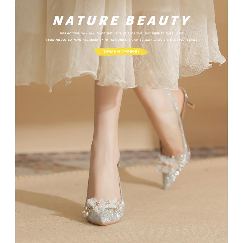 7520-8 [sheepskin] High Heels Women's Thin Heels 2025 New Pointed Empty Sandals Crystal Flower Wedding Shoes