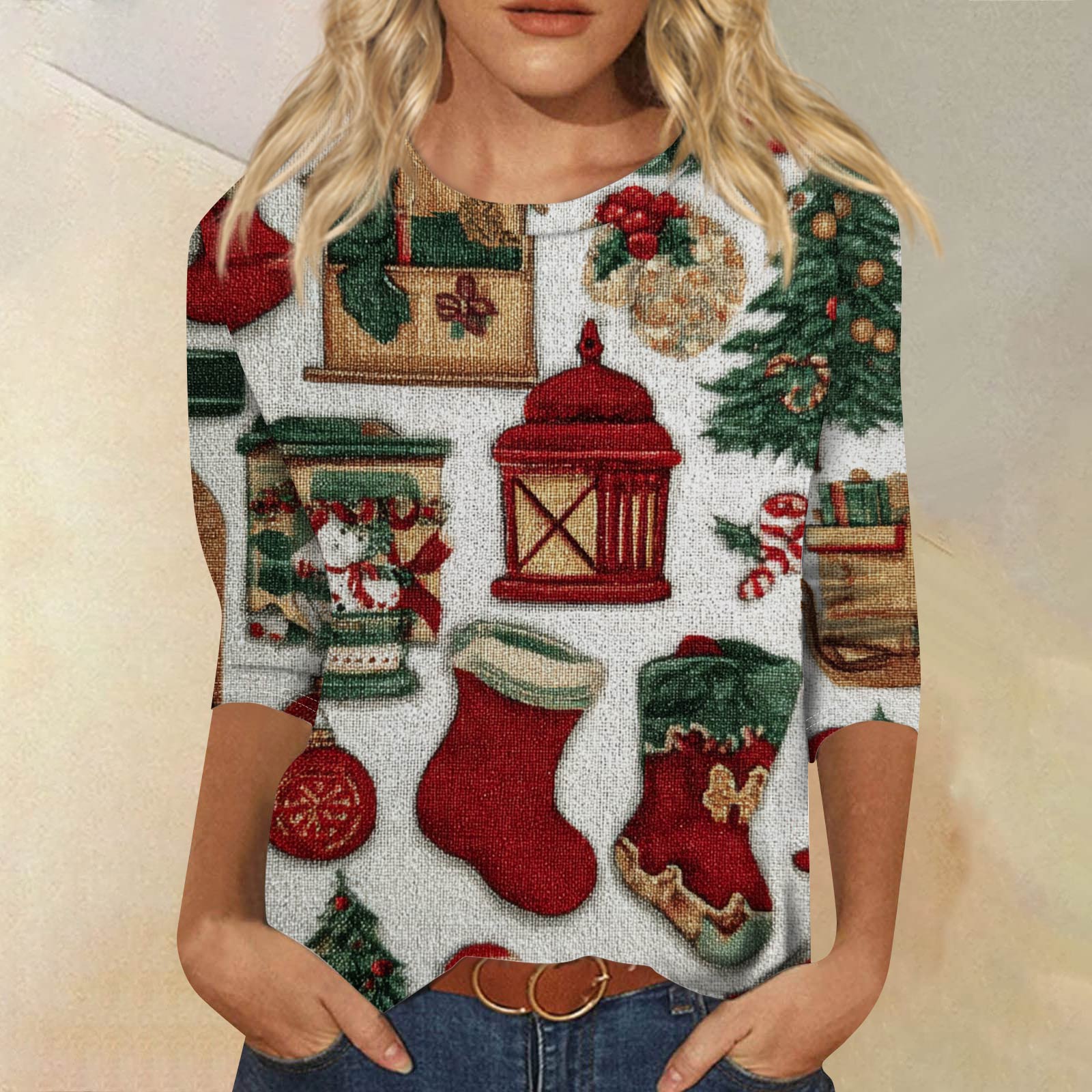 

Женская модная повседневная футболка с рукавом три четверти, принтом на Хэллоуин и круглым вырезом L хаки