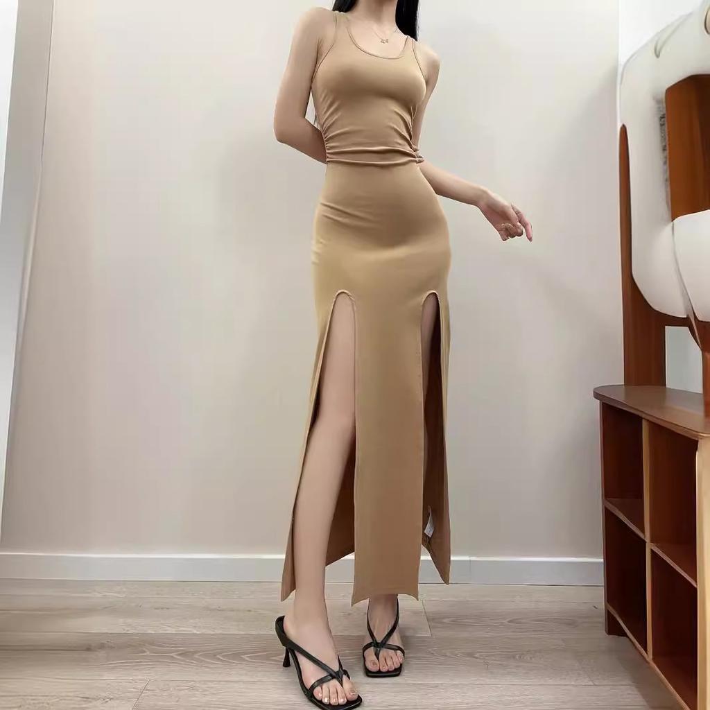 Sexy Fishing Department High Split Fork Spice Girl Sleeveless Vest Summer New Pull Pleated Waist Thin Hip Wrap Dress Long Dress