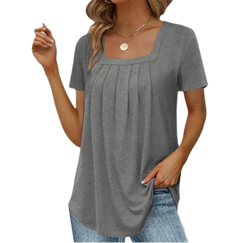 T-shirt Carré Plissé Élégant d'Été pour Femme Mode Décontracté Manches Courtes Hauts Amples Féminins Sexy pour le Travail Vêtements